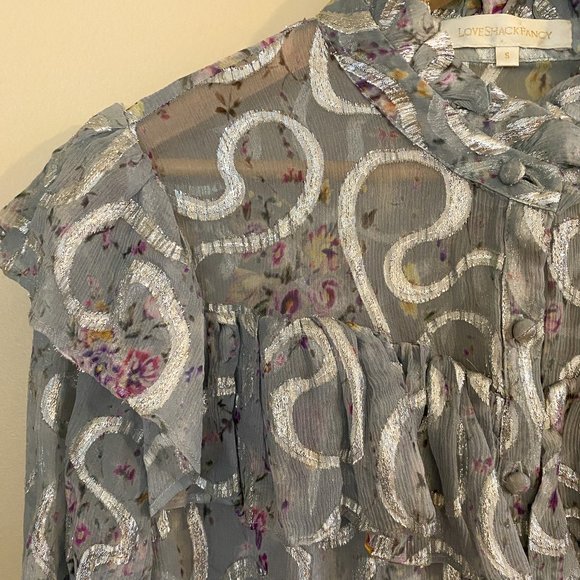 LoveShackFancy Erica Metallic Ruffled Silk Top in Silver Lake Blue Size Small - Picture 4 of 14